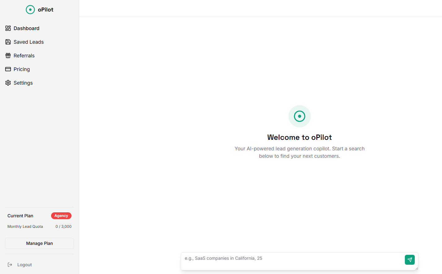oPilot AI Sales Dashboard - Lead generation interface showing real-time B2B prospect search, contact finder, email discovery, and CRM export features for sales teams and agencies